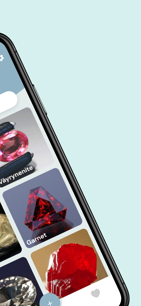 Stone Identifier : Rock finder - Mobile app interface showing a collection of identified gemstones including Garnet and Väyrynenite