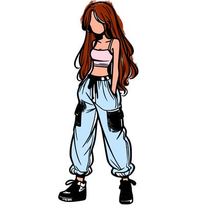 girl in baggy pants crop top and long hair