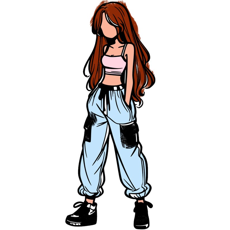 girl in baggy pants crop top and long hair