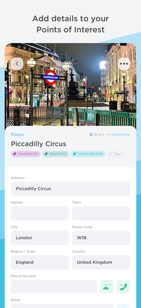 Interfaz de la aplicación PlaceMapper mostrando información detallada de un punto de interés en Piccadilly Circus, Londres.