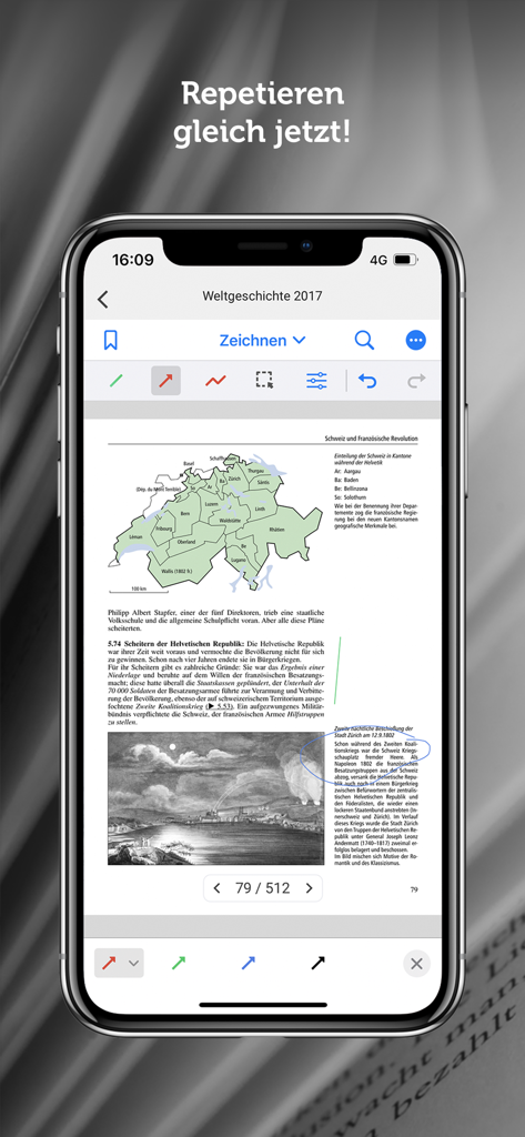 Digital history textbook with map and annotation tools in the Orell Fuessli app