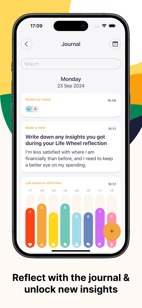 Remente: Self Care & Wellbeing - Remente app journal screen featuring mood tracking, personal notes, and a life balance reflection chart