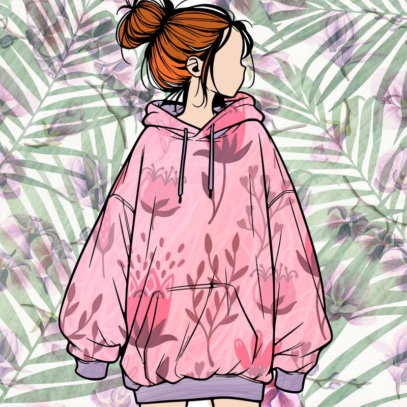 realistic girl with a oversized sweatshirt on and a bun