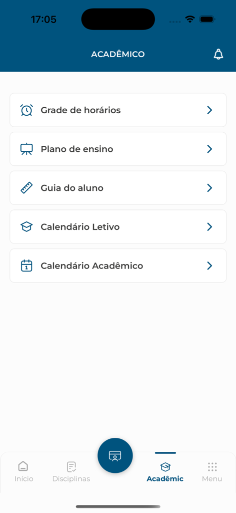 Menú académico de la aplicación PUC Minas Móvil mostrando opciones de horarios de clase y calendarios académicos.