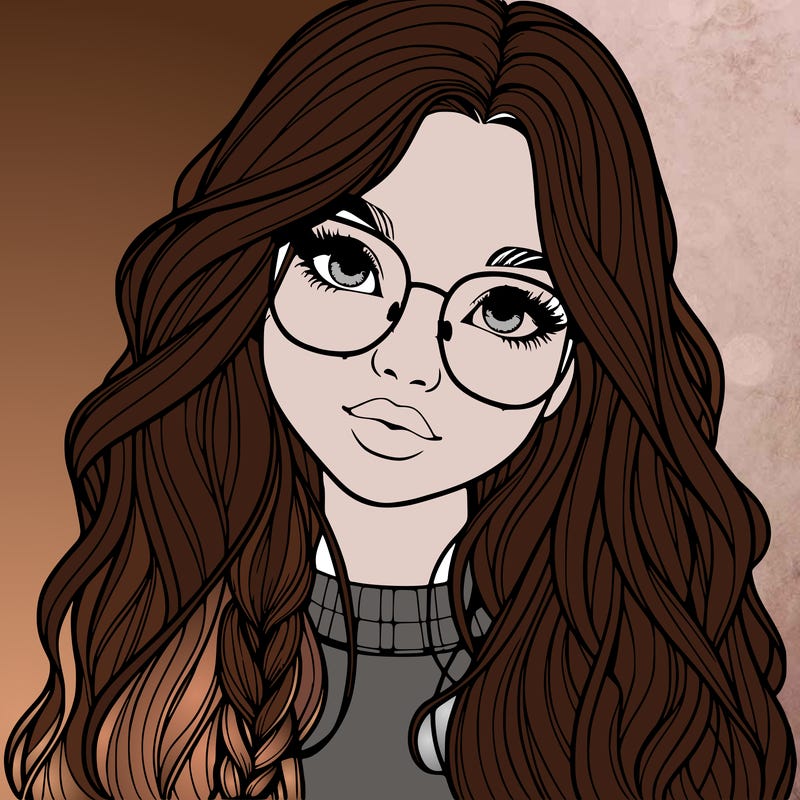 girl with long hair and freckles and glasses realistic