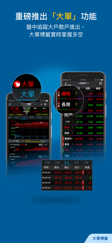 三竹股市 台股及多市場報價股市看盤與股票選股分析 - Oberfläche der Mitake Stock App, die die Funktion zur Verfolgung großer Aufträge und technische Aktienmarktdiagramme anzeigt