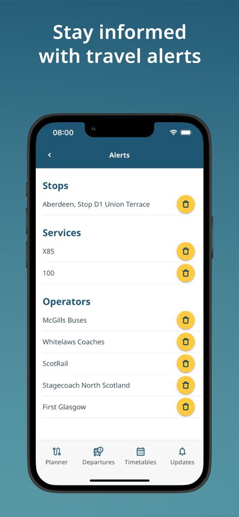 Traveline Scotland - Mobile app screen showing travel alerts for public transport in Scotland including buses and trains