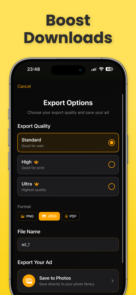 デジタルポスターの保存用エクスポート品質とフォーマットオプションを表示するインターフェース