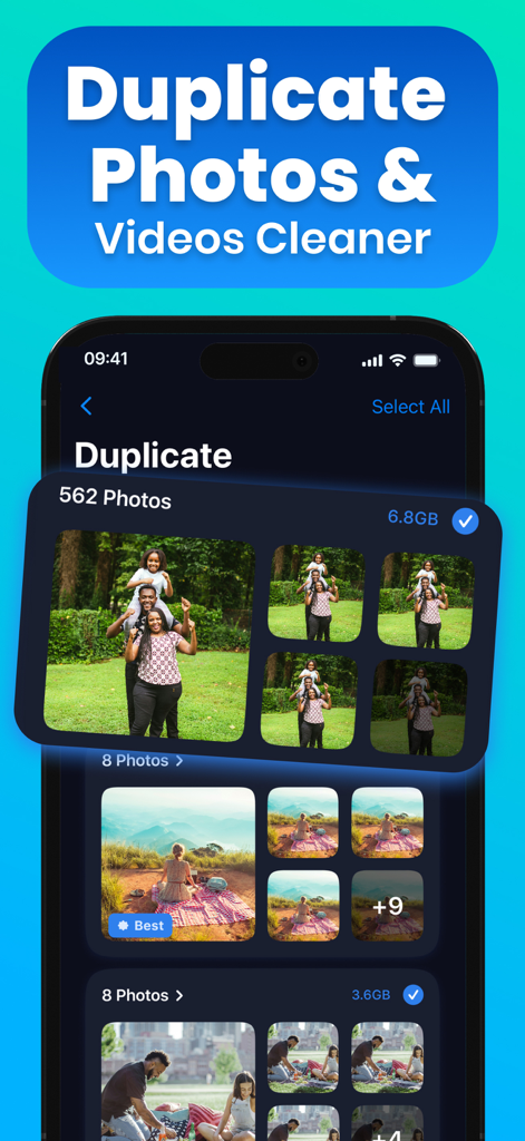 AI Phone Cleaner・Clean Storage - Interface of the AI Phone Cleaner app showing groups of duplicate photos and storage space savings