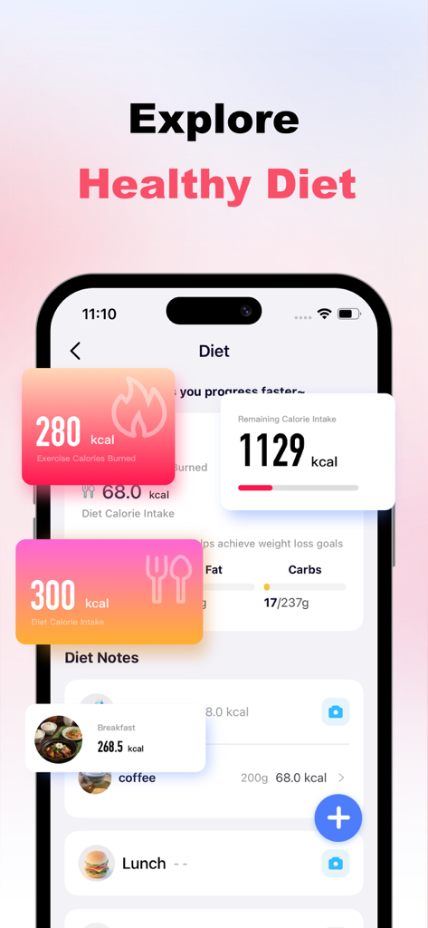 Wellpulse app interface showing calorie tracking and healthy diet management dashboard