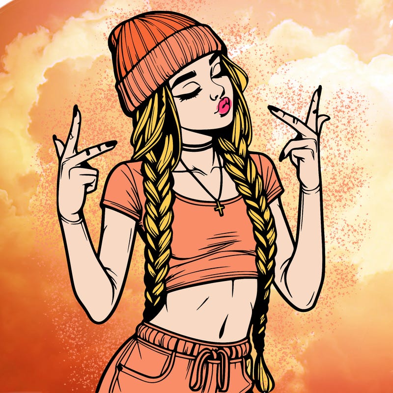 realistic teenage girl with braids and a beanie and crop top doing 🫶🏼