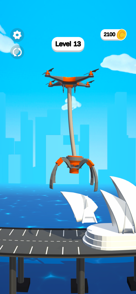 Claw Builder: Drone Machine - A flying drone with a claw attachment building a monument resembling the Sydney Opera House in the game Claw Builder.