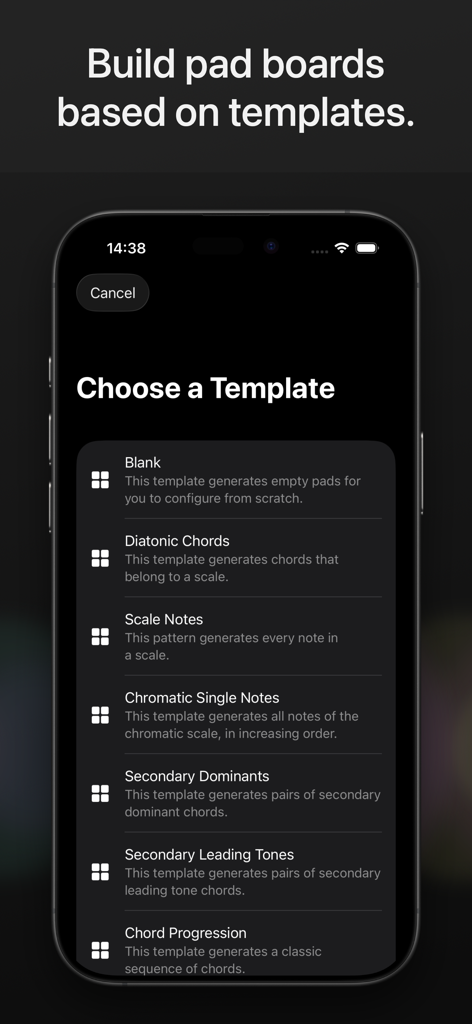 ChordPadX 2 - ChordPadX 2 interface showing the menu to choose chord pad templates for MIDI music production