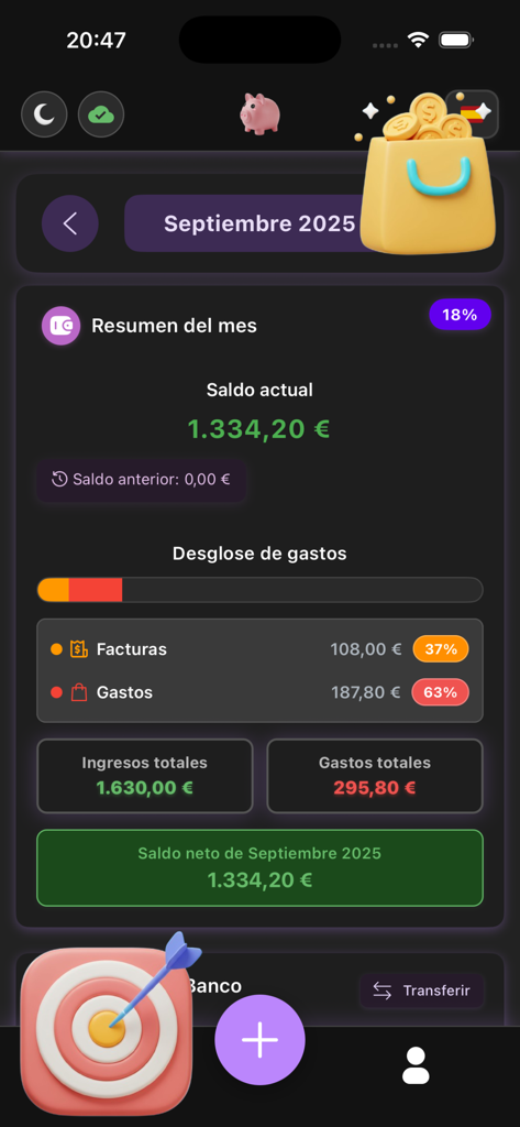 Resumen financiero mensual de la aplicación Hero Budget que muestra el saldo actual y el desglose de gastos con iconos 3D