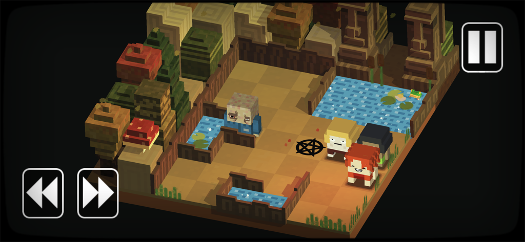 Isometric view of a blocky voxel puzzle level in Slayaway Camp featuring a killer and campers in an outdoor setting