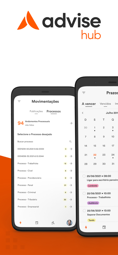 Advise Hub mobile app interface showing legal case movements and deadline management screens.