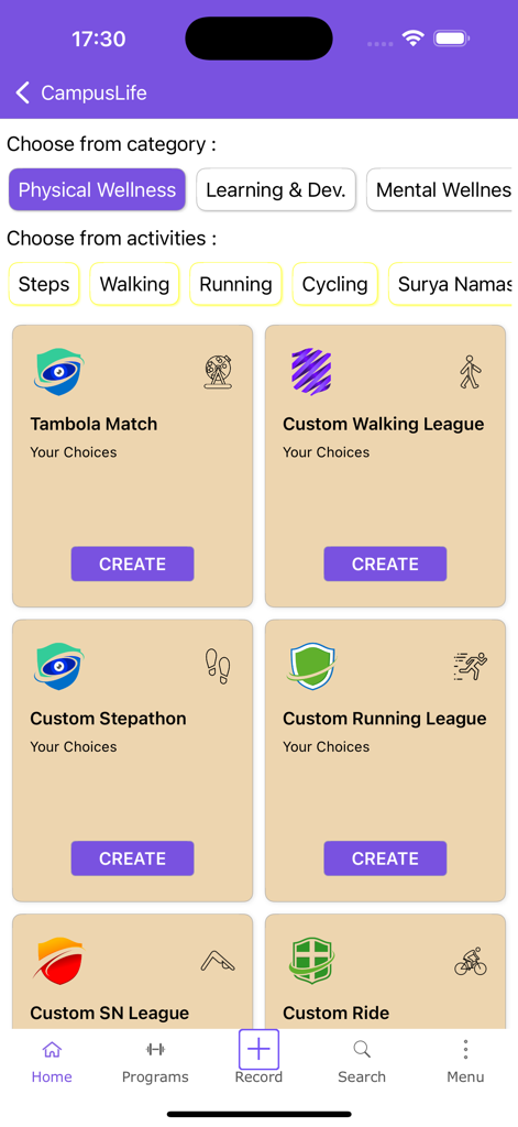 Campus.Life - Campus.Life App-Oberfläche mit Kategorien für körperliches Wohlbefinden und Aktivitätskarten für Lauf- und Jogging-Ligen