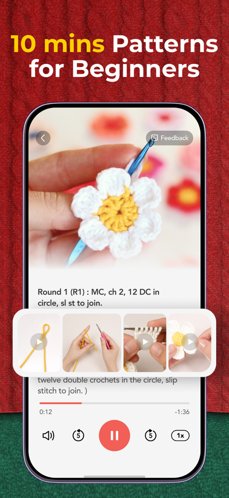YarnPal - Crochet & Knitting - Interface d'application mobile montrant un tutoriel vidéo étape par étape pour un motif de fleur au crochet pour débutants.