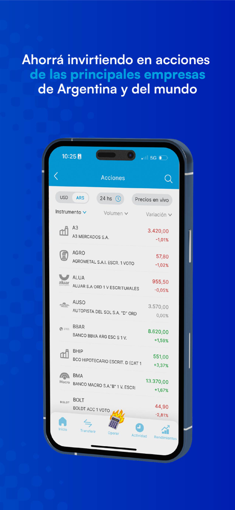 Pantalla de la aplicación Quicktrade que muestra una lista de acciones argentinas y opciones de inversión en ARS y USD