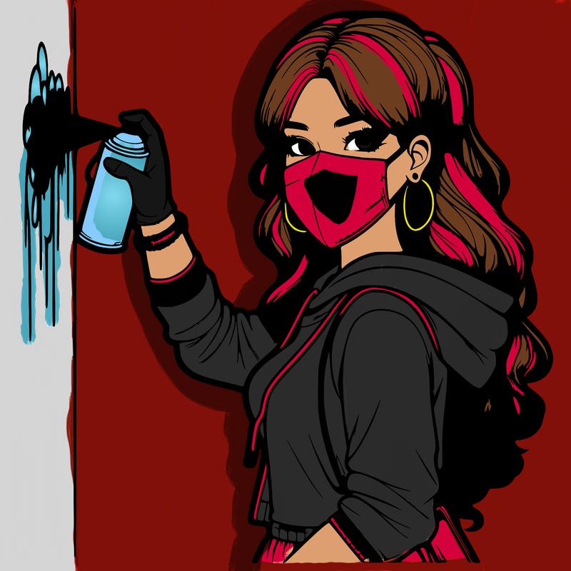 realistic girl with mask spray painting a wall