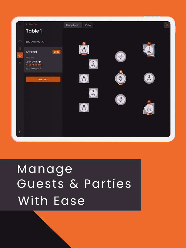 Table Management - Digital restaurant floor plan on an iPad showing table statuses and guest seating details for a party.