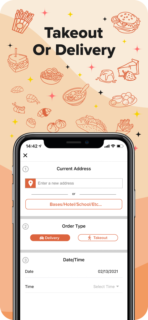 We Deliver! - Mobile App-Oberfläche für We Deliver, die die Eingabe der Adresse und die Auswahl zwischen Essen zum Mitnehmen oder Lieferung zeigt.