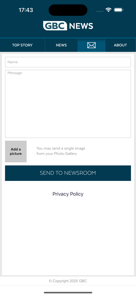 GBC News - Contact form in the GBC News app for sending messages and photos to the newsroom.