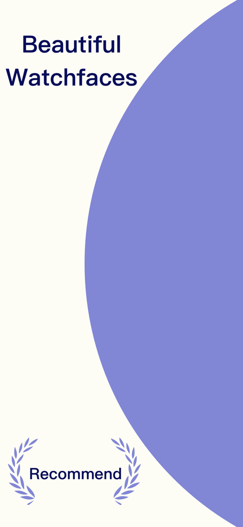 Watchfaces - Watch Wallpaper - Écran d'introduction de l'application Watchfaces avec un design circulaire violet minimaliste et du texte mettant en évidence de magnifiques cadrans de montre