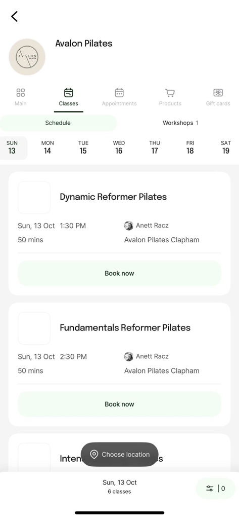 Avalon Pilates - Avalon Pilates app class schedule screen showing reformer pilates sessions and book now buttons