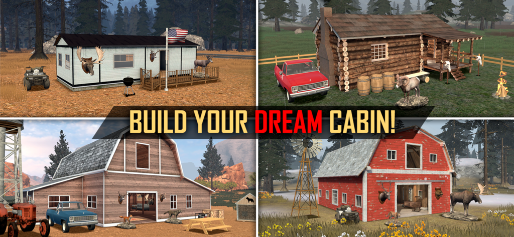 American Marksman - A collage showing four different customizable cabins and barns in the American Marksman outdoor simulation game.