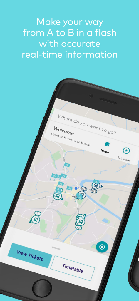 Arriva bus app mobile interface showing a live map with real-time bus locations and journey planning options
