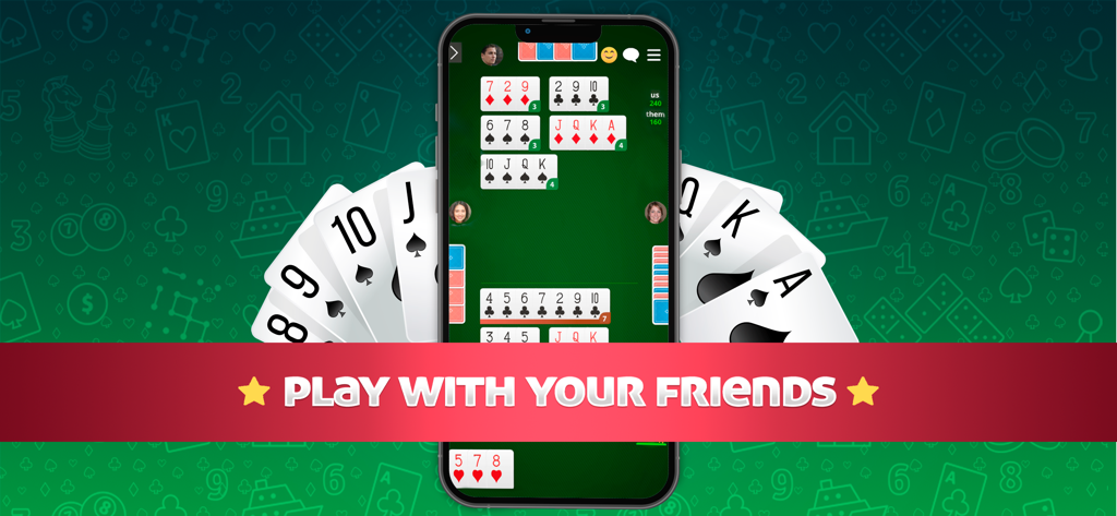 Buraco MegaJogos: Cartas - A mobile phone screen displaying a digital card game session with a red banner saying play with friends