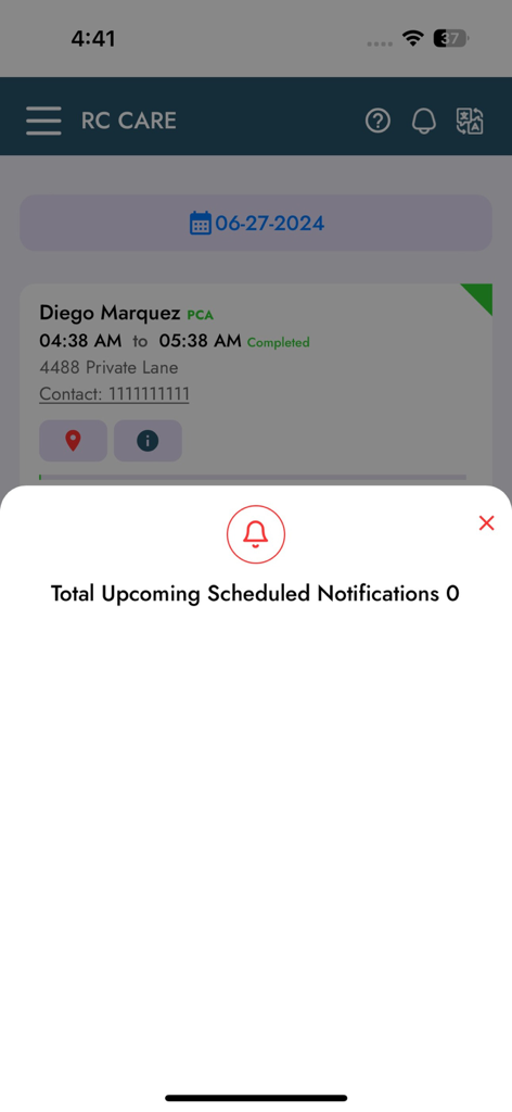 RevivingCare EVV - RevivingCare EVV app showing a completed caregiver visit and a notification overlay