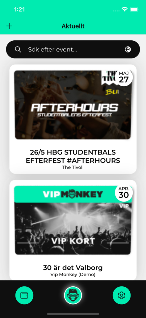 Eine mobile Benutzeroberfläche der VIP Monkey App, die bevorstehende soziale Veranstaltungen, Studentenpartys und eine Suchleiste zur Entdeckung von Veranstaltungen anzeigt.