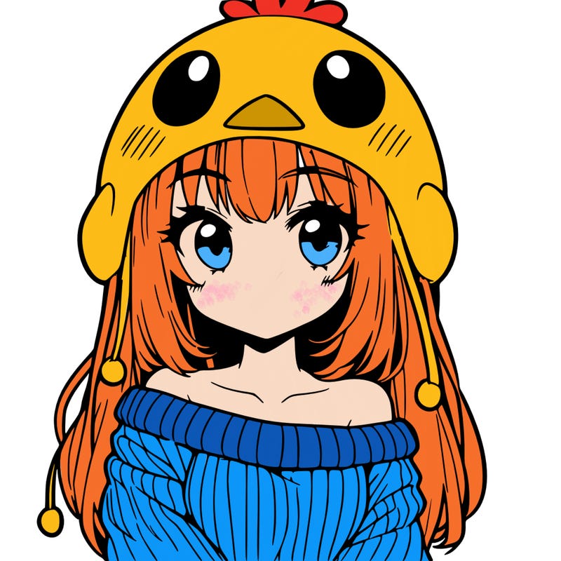 anime girl with chick shaped hat with sweater with bare shoulders with bangs covering them one eye with low tail