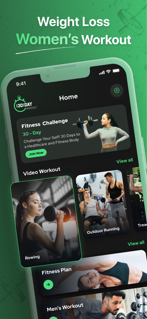 30 Day Workout - Home Fitness - Smartphone display showing the 30 Day Workout app home screen with various fitness challenges and video workouts.