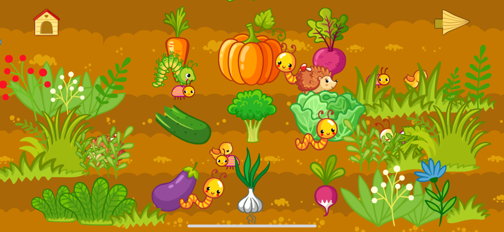 Farm animal pet games for kids - Colorido huerto de verduras de dibujos animados con insectos amigables y varias verduras en el juego educativo Granja Divertida para niños