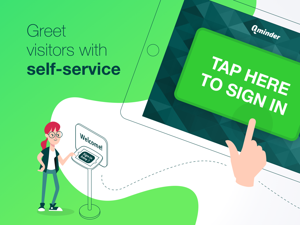 Qminder Queue Management - An iPad screen displaying a green tap here to sign in button for a digital self-service kiosk by Qminder