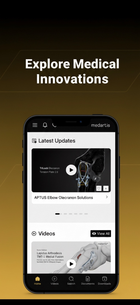 Medartis ONE App-Dashboard mit chirurgischen Technikvideos und den neuesten medizinischen Updates für orthopädische Spezialisten