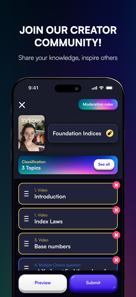 A mobile app screen showing the creator community interface where students can upload educational videos and quizzes.