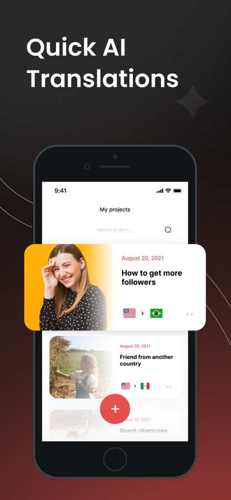 Translate Video: Subtitles - Smartphone screen displaying the My Projects list in the Translate Video app with AI translation options