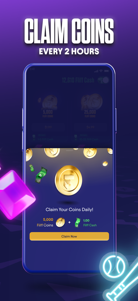 Fliff app interface showing a daily rewards pop-up to claim 5000 free coins and 1.00 Fliff cash.