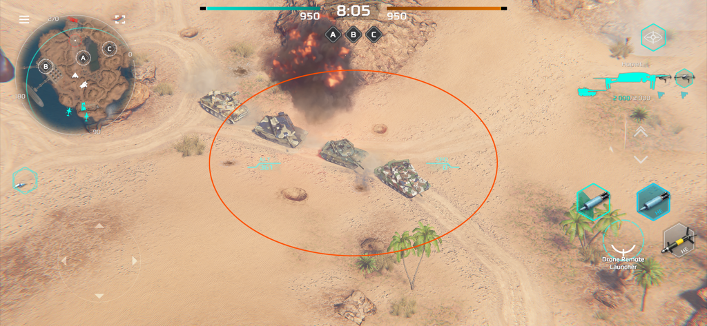 MWT: Tank Battles. Modern War - Top down drone perspective showing tanks and tactical strikes on a desert map in MWT Tank Battles