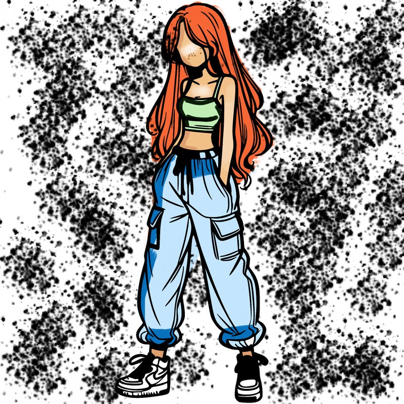 girl in baggy pants crop top and long hair