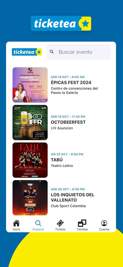 Tela do aplicativo móvel mostrando uma barra de pesquisa e uma lista de eventos de entretenimento ao vivo em andamento no Paraguai.