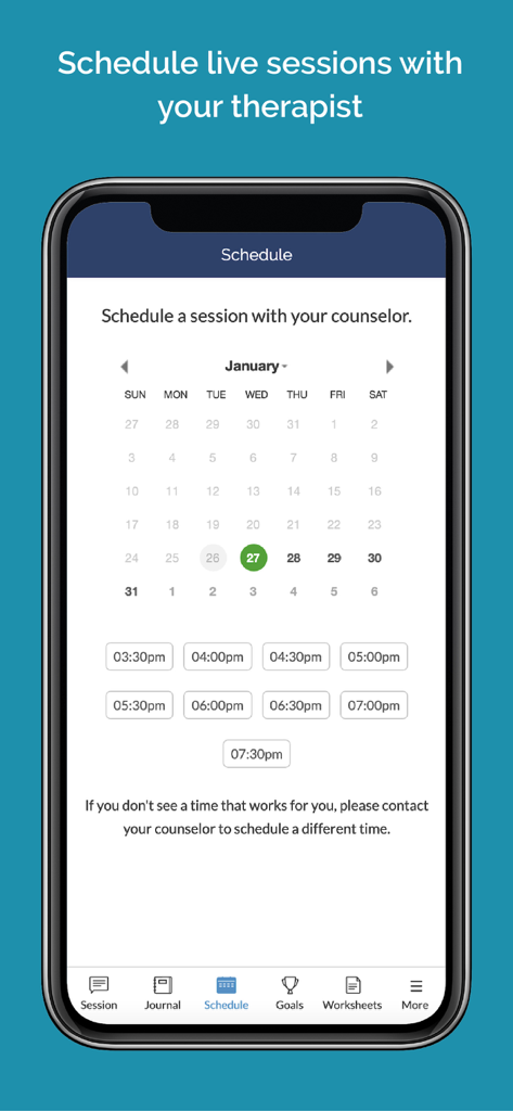 10대 상담 앱의 치료사 세션 예약 캘린더를 보여주는 모바일 인터페이스