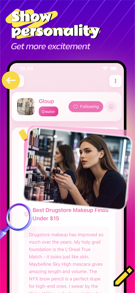 A screenshot of the Mira app showing a beauty creator post with drugstore makeup recommendations and a woman shopping for cosmetics