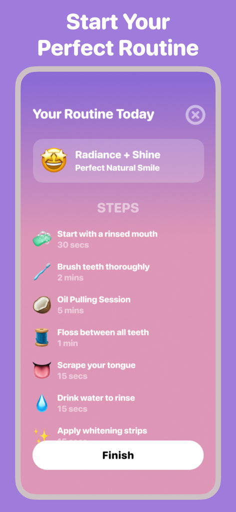 Gleam - Perfect Your Smile - Tägliche personalisierte Lächeln-Verbesserungsroutine in der Gleam App, einschließlich Zähneputzen und Zahnseide