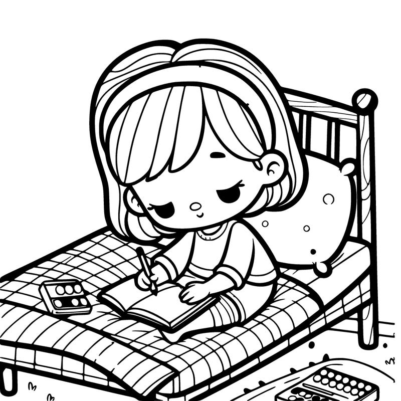 little girl coloring on bed
