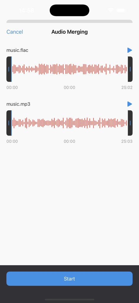 Audio Converter: Audio Editing - Interfaz para fusionar dos pistas de audio con formas de onda visibles y un botón de inicio